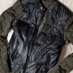 Olive green and black faux leather jacket